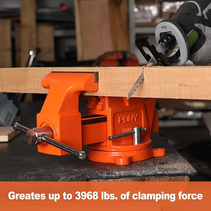 PONY Heavy Duty Bench Vise, 5-inch Jaw Width 4-inch Opening, Swivel Base With Anvil, Utility Combination Pipe Home Vise for Woodworking, One-Pair Jaw Pad Included