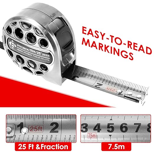 2 PCS/Pack Tape Measure 25'FT Foot/7.5M Retractable Measuring Tape Double Side Scale Handy Stainless Steel Measurement Tape for Construction Household Woodworking (2)