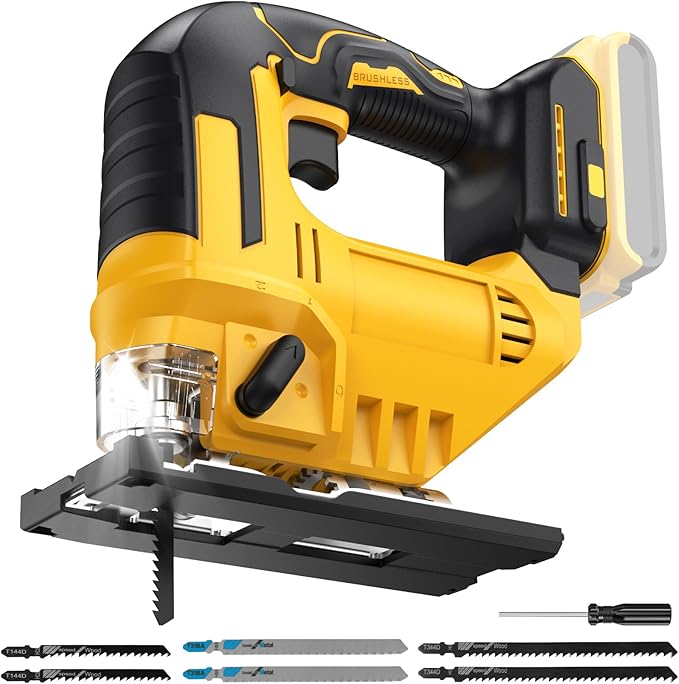 Cordless Jig Saw for Dewalt 20v Max Battery, 3 Orbital Settings, 0°- 45° Bevel Cuts, Brushless Orbital Jigsaw with LED Light for Straight Circle Curve Cutting (No Battery)