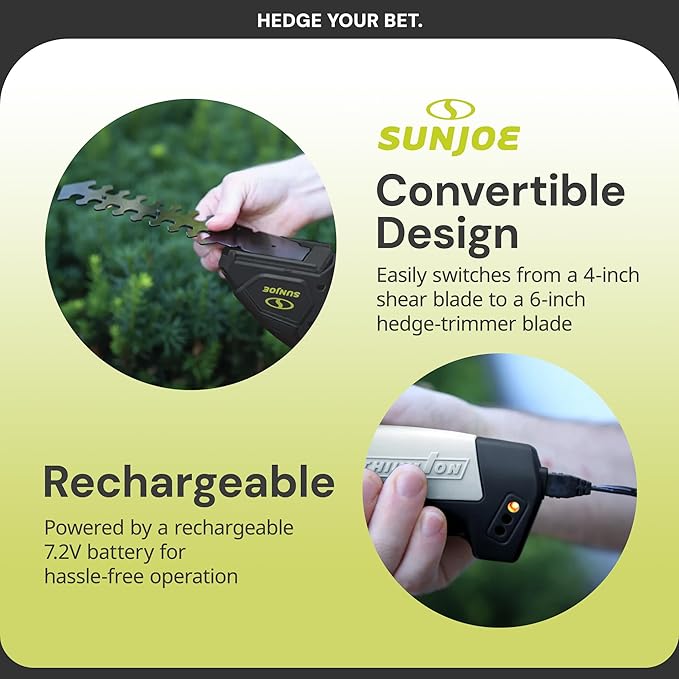 Sun Joe 2 in 1 Cordless 7.2V Handheld 4" Grass Shear and 6" Hedge Trimmer, Battery Powered, Built-in Safety Switch and Blade Safety Cover