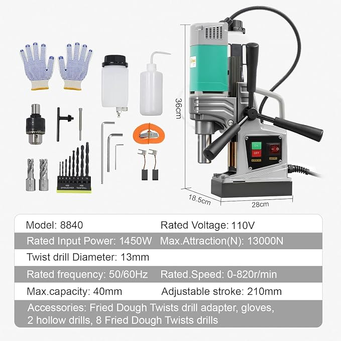 Mag Drill Press, 1450W 1.6" Boring Diameter, Portable Electric Magnetic Drill Press with 2 Coring Bits, 2922 lbf Power Magnetic, 820 RPM for Metal Surface, Industrial and Home Improvement