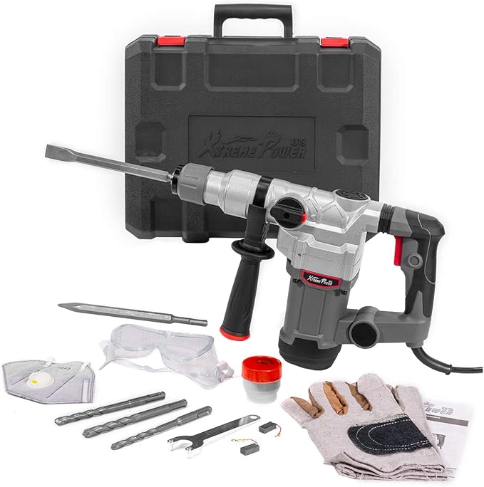 XtremepowerUS 1200W Electric Rotary Hammer SDS Plus Drill Swivel Adjustable Handle Drilling With Flat Chisels, Point Chisels and 3 Drill Bits Carrying Case