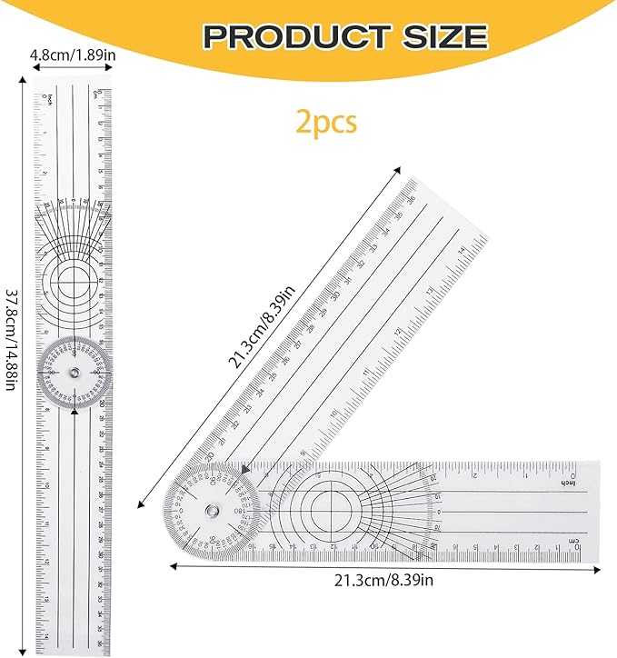 2Pcs Clear Plastic Goniometer Quick Angle Protractor Angle Finder Angle Ruler Can Rotate 360 Degree 7'' Arms Measuring Tool for School Office Measuring