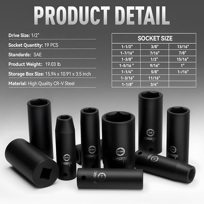 DISEN 19 Pcs 1/2" SAE Impact Socket Set | Deep Sockets 3/8"- 1-1/2", 6-Point Cr-V & Alloy Steel, 1/2 Inches Drive, Rugged Construction, Enhanced Storage Case