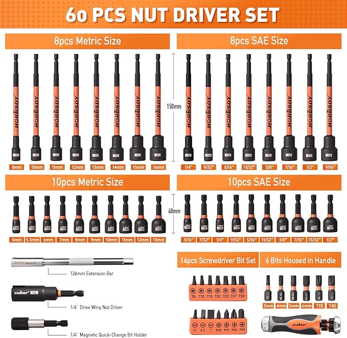 HORUSDY 59pcs Magnetic Nut Driver Set with 6-in-1 Ratcheting Screwdriver Handle, SAE & Metric 1/4 Inch Hex Shank Socket Set for Impact Drill with Quick-release Bit Holder and Extension Bar