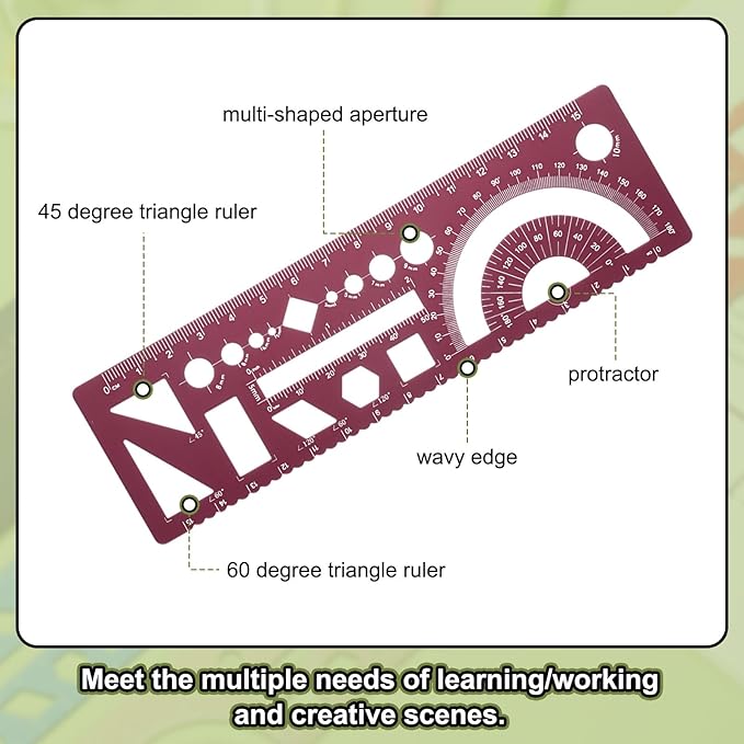 HARFINGTON Multifunctional Geometric Rulers 15cm Metric and SAE Aluminum Straight Edge Protractor Angle Math Measuring Ruler Geometric Drawings Templates for Drawing Drafting, Dark Red