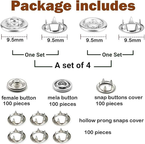 100 Sets Metal Snaps Buttons with Fastener Pliers Press Tool Kit Perfect for DIY Crafts Clothes Hats and Sewing(Silver Hollow Prong Snaps)
