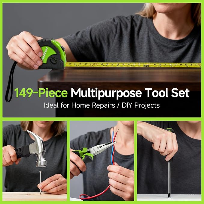 PULITUO Drill Set, 149-Piece Home Tool Set with 12V Green Cordless Drill, ToolBox, Hand Tool Kits for Women Men, DIY Enthusiasts for Home Improvement.