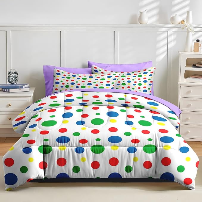 Nesker Comforter Set Queen Size, Rainbow Green Red 7 Pcs Bedding for Kids and Adults, Blue Yellow Polka Dot Bed Sheet Sets with Fitted Sheet 2 Pillowcases & 2 Shams