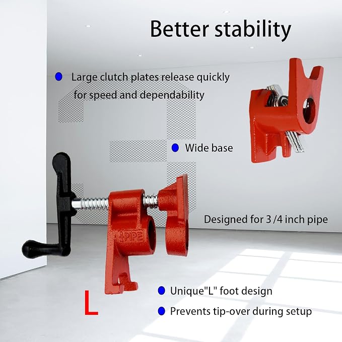3/4" Wood Gluing Clamp,With Unique Foot Design,Heavy Duty Pipe Clamps for Woodworking, Carpentry, Home Improvement & DIY Projects. (3/4",6 Pack)