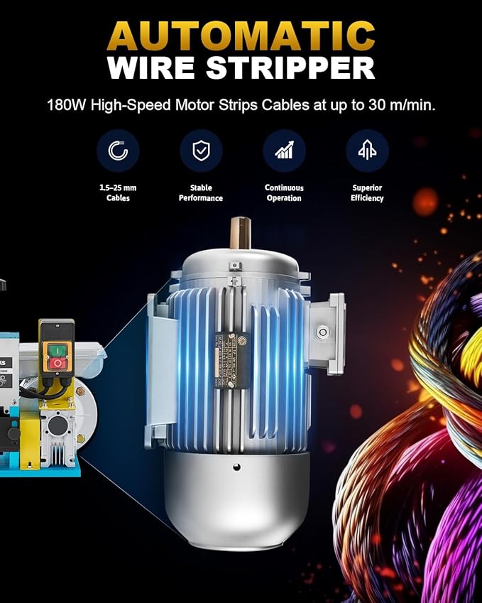 CREWORKS 180W Electric Wire Stripper Machine, 0.06"-1" Automatic Wire Stripping Machine, Wire Stripping Tool for 1.5-25 mm Scrap Wire, 5 Channel Copper Wire Stripper Tool for Leftover Cable Recycling