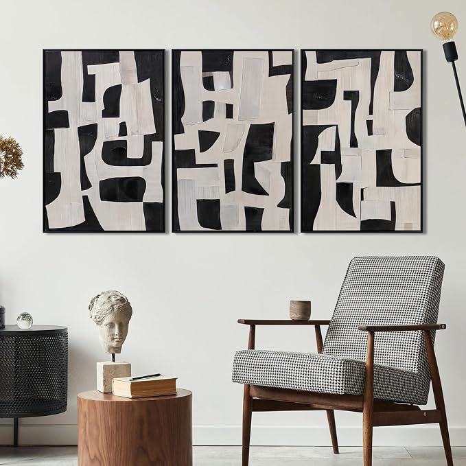 Zessonic Abstract Black and White Wall Art Edgy Blocks Framed Geometry Canvas Print Modern Contemporary Artwork for Living Room, Bedroom, Office Decor - Set of 3, 24x36 Inch (Ready to Hang)