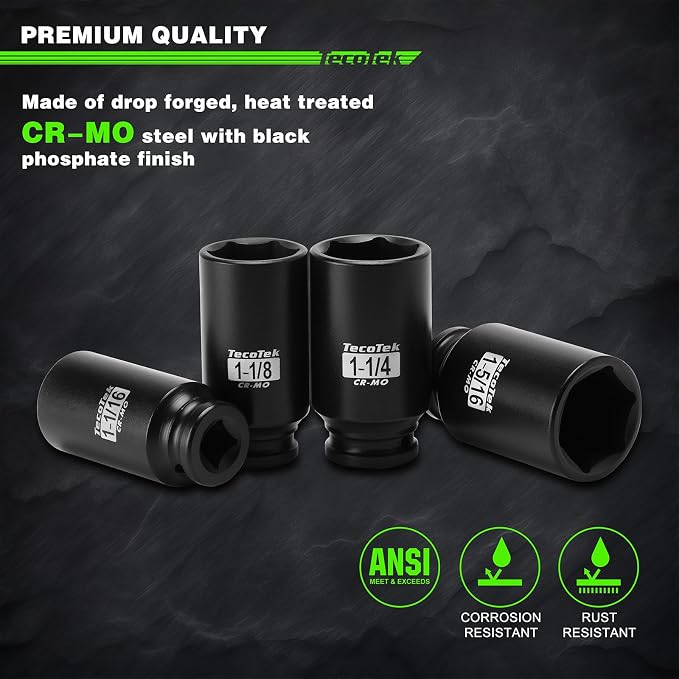 TecoTek 1/2" Drive Deep 6-Point Impact Socket Set, 8-Piece Standard SAE Spindle Axle Nut Impact Socket Set, Cr-Mo, 1-Inch to 1-1/2-Inch Size