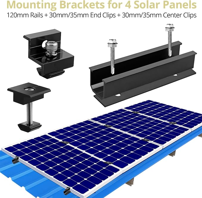 Anbte Solar Panel Mounting Brackets for Roof, Aluminum Solar Rails, Black | Solar Panel Mounting Kit For 4 Panels, Included 10 X 4.72 In Rails+4 End Clamps+6 Center Clamps+1 Wrench, For Roof, RV, Boat