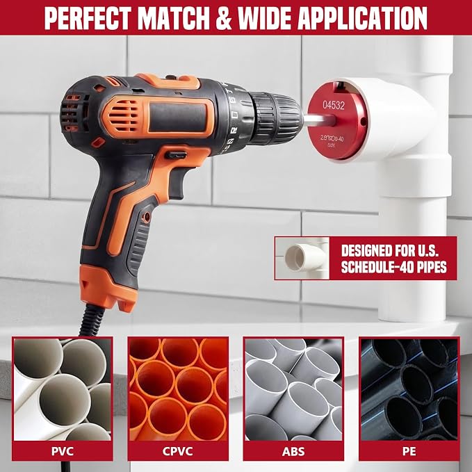 9Pcs PVC Pipe Reamer Kit, Durable Aluminum PVC Fitting Saver for Sch.40 CPVC, ABS, Lightweight Socket Saver Plumbing Tool Includes 1/2", 3/4", 1", 1-1/4", 1-1/2", 2", 2-1/2", 3", 4",1/2" Drill