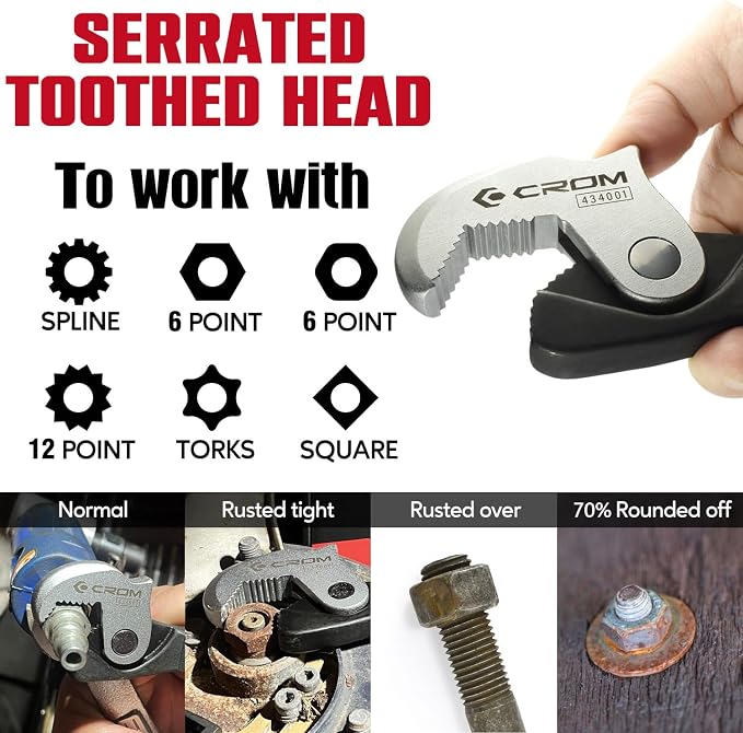 CROM Adjustable Crowfoot Wrench Set - Spring Loaded Wrench – Male & Female Square Drives Work With Ratchet, Breaker Bar, Extension Bar (3 Piece Set (1/4", 3/8", 1/2"))