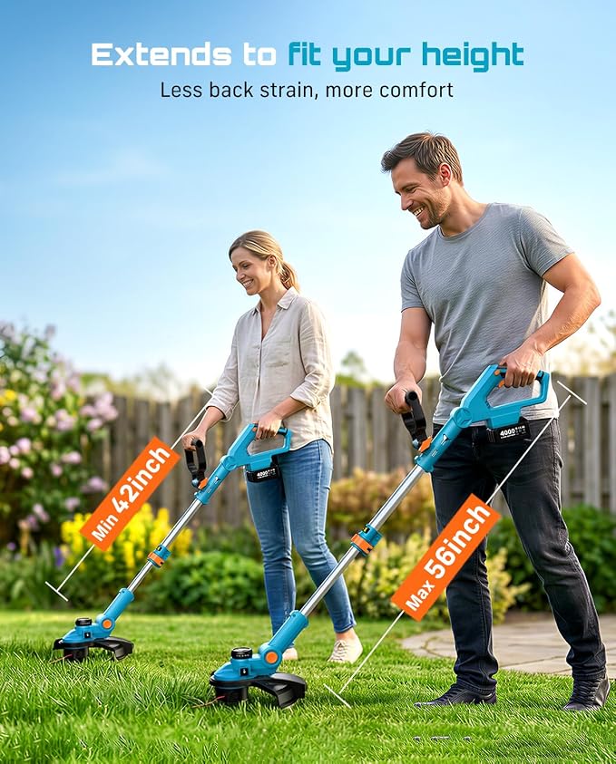 SEESII String Trimmer, 13" Electric Weed Wacker with 2×40000mAh Batteries and Charger, 21V Brushless Weed Eater with Telescopic Pole(42"-56"), Auto-Feed, Lightweight Cordless Edger for Yard/Lawn