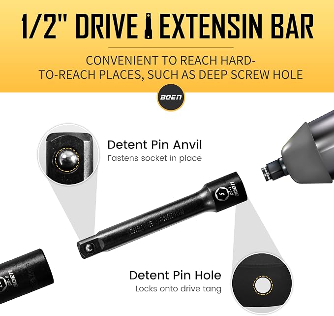 BOEN 1/2" Drive Impact Socket Set, 45 Piece Deep & Shallow Metric Socket Set 9mm to 32mm, Includes 3" 5"10" Extension Bars, Universal Joint, Adapter, 6 Point Design, Cr-V Steel, Meets ANSI Standards
