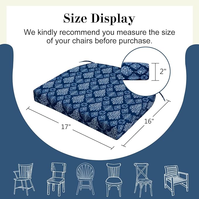 Cozyide Outdoor Chair Cushions, Waterproof Patio Seat Cushions with Adjustable Straps, Round Corner Patio Chair Cushions for Garden, Indigo Badge, 17x16x2 Inch (Pack of 2)