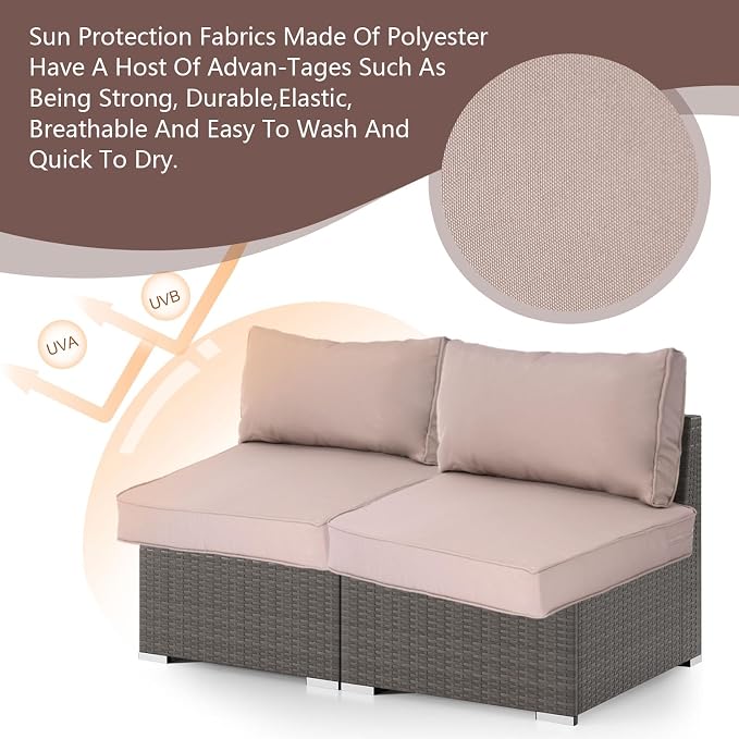 14 Piece Outdoor Furniture Replacement Cushions, Cover+Filling, 25.6" x 25.6" x 4" Foam Waterproof Outdoor Sofa Cushion Sets, Fit Wicker Rattan Sectional Conversation Set,Khaki
