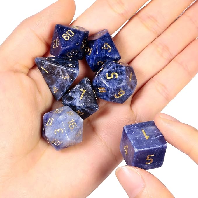 mookaitedecor 7 PCS Sodalite Crystal Polyhedral DND Dice Set, Polished Tumbled Stones Dices for RPG MTG Table Games Home Decoration