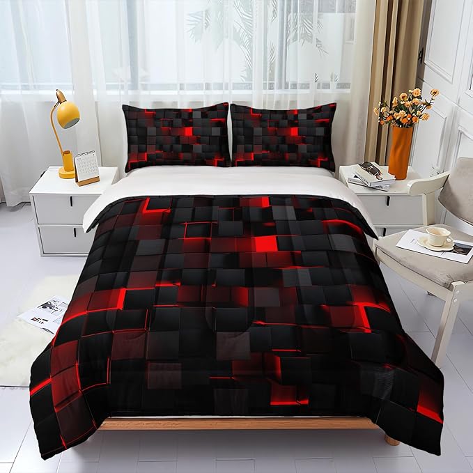 Nttopship Geometric Red Black Comforter Set,Light Honeycomb 3 Piece Bedding Set Queen for Teen Boys,Modern Bedding Quilt Set Geometry Decor,Microfiber Lightweight 1 Comforter 2 Pillowcases All Season