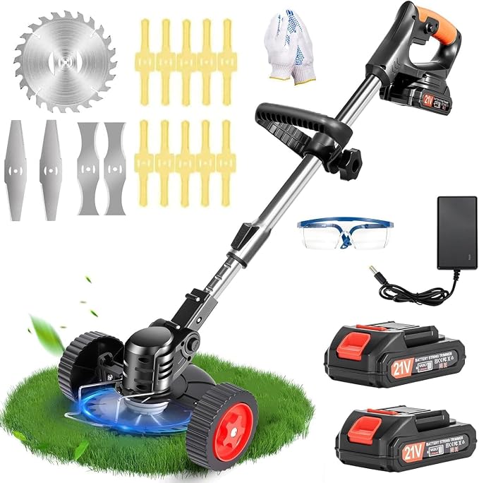 Electric Weed Wacker Cordless, 21V Lightweight Stringless Weed Wacker, Weed Trimmer, 3-in-1 Grass Trimmer/Brush Cutter/Edger, with Wheels,2pcs Batteries&4 Types Blades for Thick Weeds&Yard Garden