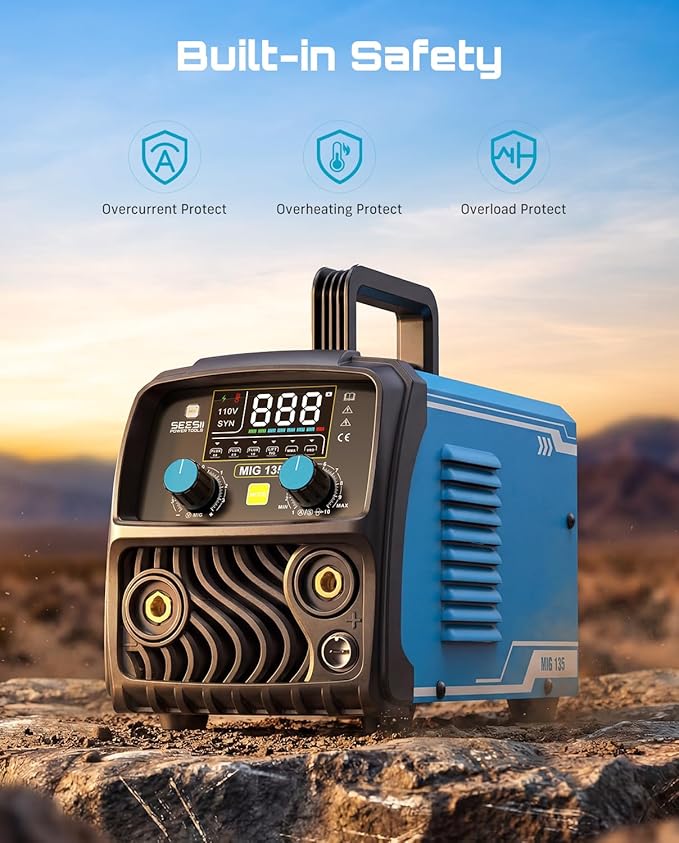 SEESII 135A MIG Welder 110V - 3-in-1 Gasless Flux Core/Lift TIG/Stick Welding Machine, 7.7lbs Portable IGBT Inverter, Large Digital Display Multi Process Welder