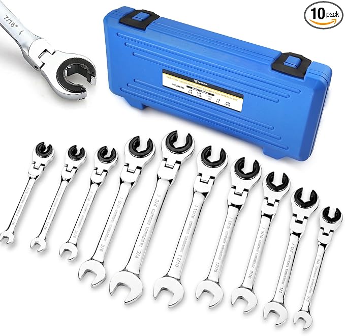 10PCS SAE Flex-Head Ratcheting Wrench Set 5/16-3/4" Combination 72-Tooth | 180 Degree Open Flex-Head,Cr-V Steel,Open-End Design,Combination Wrenches with Storage Box for Automotive Use