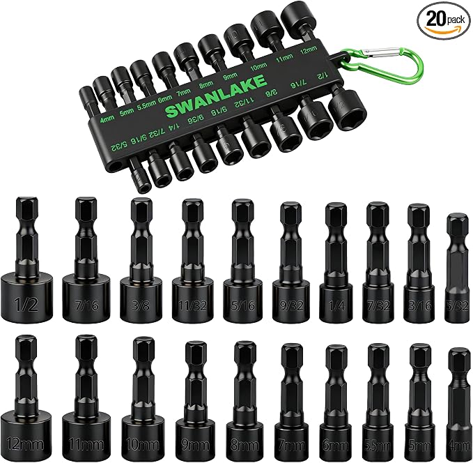 SWANLAKE 20PCS Power Nut Driver Set for Impact Drill, 1/4” Hex Head Drill Bit Set SAE and Metric