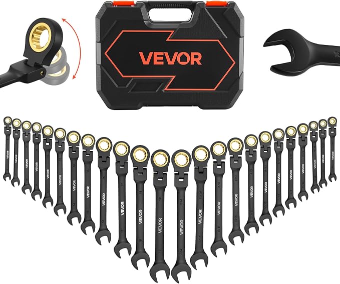 VEVOR 24-piece Ratcheting Wrench Set with 180° Flex Head, Anti-Slip Tooth, Combination Wrench Sets with Organizer Box, Metric 8-19mm & SAE 1/4-3/4", Black Electrophoretic Coating