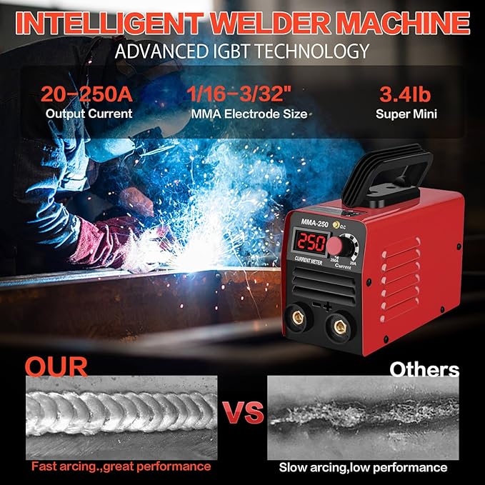 Super Mini Stick Welder Machine,110V 250A ARC Portable MMA Welding Machine for Beginners,Welding Machine with 10pcs Welding Rod Tools,IGBT Inverter Welder,Hot Start Arc Force Anti-stick (Red)