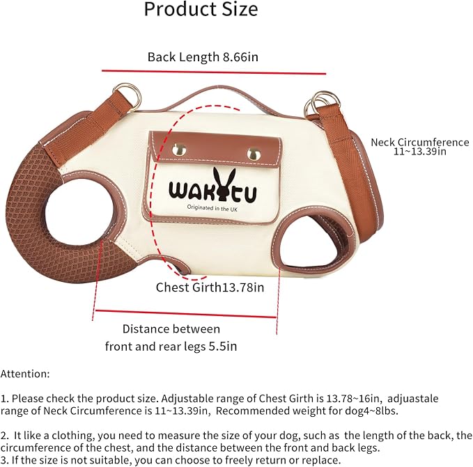 Wakytu Dog Lift Harness Dog Carrier Sling for Small Dogs & Cats,S | stylish puppy sling carrier with handle & pocket,adjustable leash,walking & travel