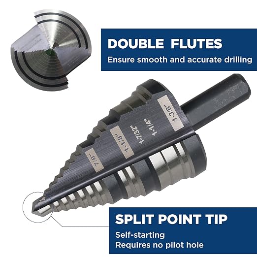 1/4 to 1-3/8 Inches M2 HSS Step Drill Bit for Metal, Plastic, Wood, Aluminum, Heavy Duty Unibit with Multi Hole Sizes