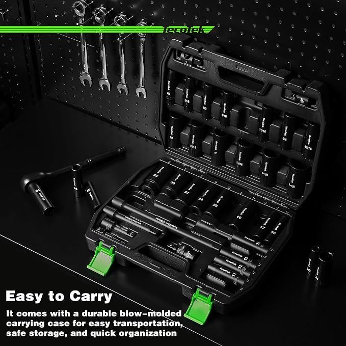 TecoTek 1/2" Drive Deep Impact Socket Set, 38-Piece Socket Set SAE 3/8 to 1-1/4 inch and Metric 10-32mm Size, Includes Extension Bars, Universal Joint, Adapter and Ratchet Handle, 6 Point, Cr-V Steel