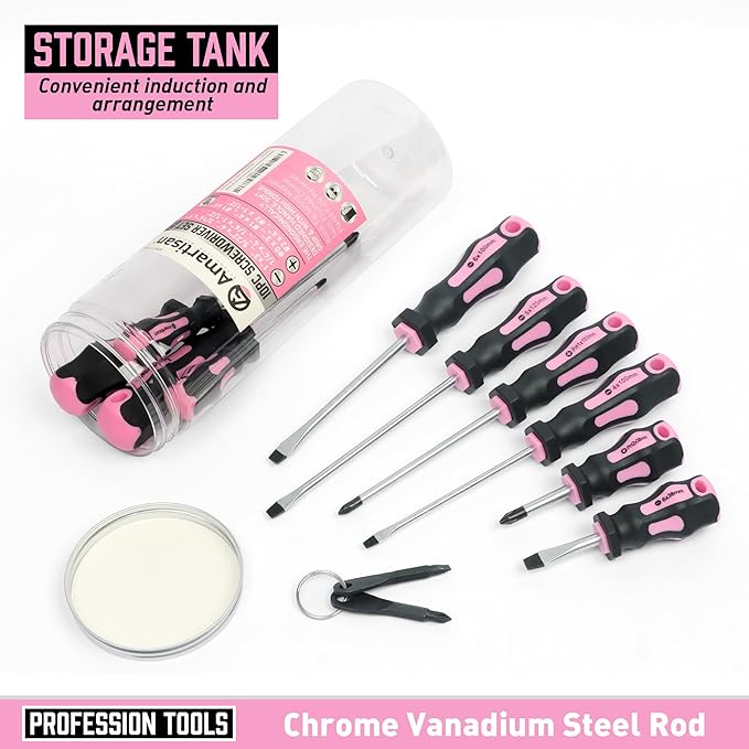 Amartisan 10-Piece Magnetic Screwdrivers Set, 5 Phillips and 5 Slotted Tips Professional Cushion Grip Screwdriver Set 2pcs Portable Multifunction Key Mini Screwdriver (Pink)