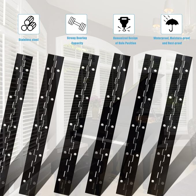 12In Piano Hinge Sets, 6Pcs Heavy Duty Door Hinges with Holes, Stainless Steel Piano Hinge for Mailbox, Wood Furniture Tool/Storage Boxes, Cabinets Door, Piano