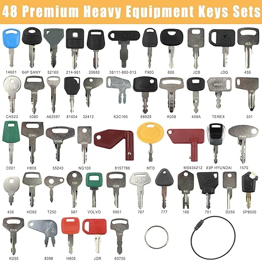 48 PCS Heavy Equipment Key Set Equipment Machine Keys Set for Cater-Pillar Ca-se J-D HYS-TER Komat-su Kubo-ta Yan-mar Dae-woo Take-uchi Forrd New Holl-and Vol-vo JL-G JC-B Toyo-ta