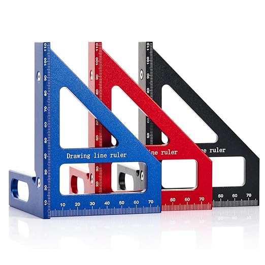 3D Multi-Angle Measuring Tool,45/90 Degree Aluminum Alloy Woodworking Square Protractor, Drawing Line Ruler, Miter Triangle Ruler Layout Measuring Tool for Woodworking (Metric-Red)