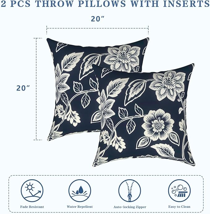 LVTXIII Outdoor Pillows 20x20 Inch, 2 Pack Large Decorative Square Throw Pillows with Inserts for Couch, Bed, Floor Seating, Patio Furniture, Elegant Vines Navy