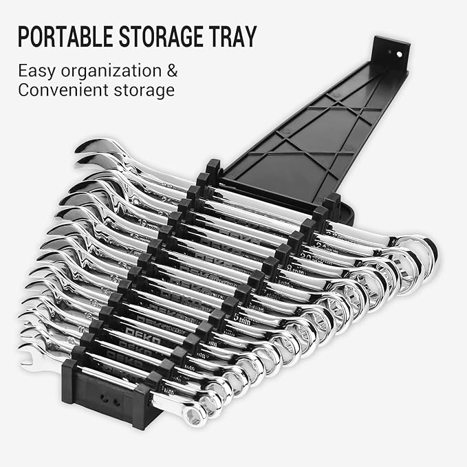 DEKOPRO Combination Wrench Set, Metric, 15-piece, 8-22mm, 12-Point, Chrome Vanadium Steel, with Plastic Tray