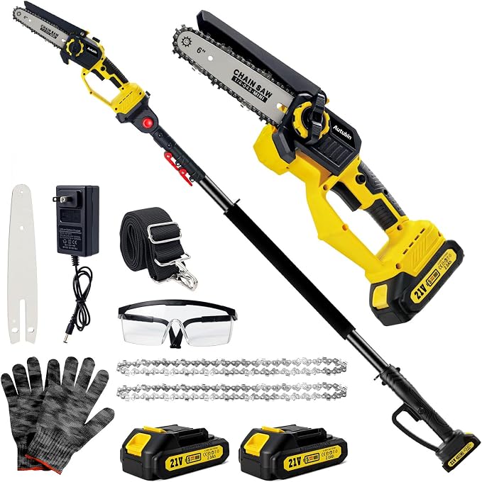2-in-1 Electric Pole Saws for Tree Trimming, Brushless 1200W Cordless Pole Saw & 6 Inch Mini Chainsaw,16-Foot Max Reach & Multi-Angle, Tree Trimmer Branch Cutter Limb Pruner with 2 Battery