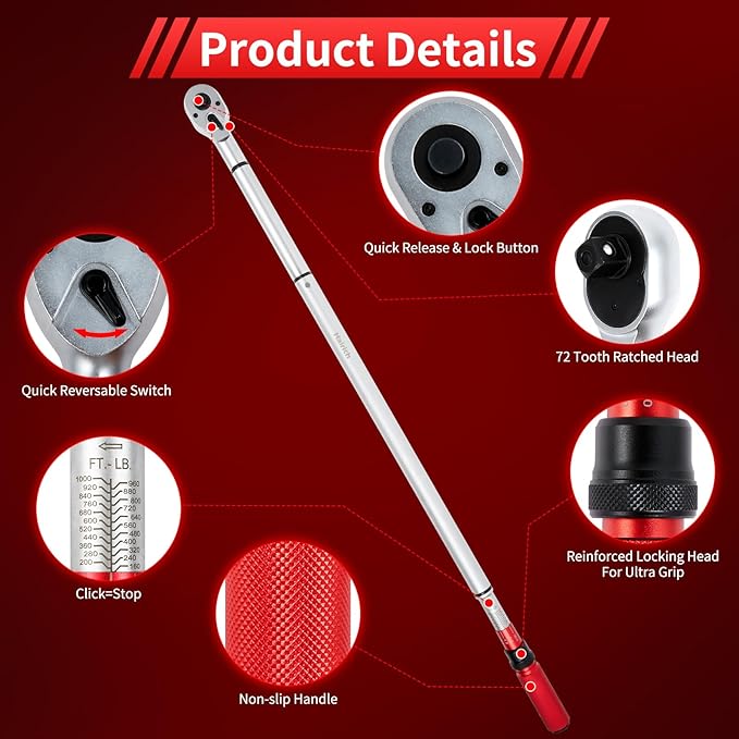 Hairich 3/4-Inch Drive Click Torque Wrench, Dual-Direction Adjustable 48 tooth 160-1000ft.lb/217-1356Nm, Professional Inch Pound Torque Wrench, for Maintenance Tool and Product Assembly