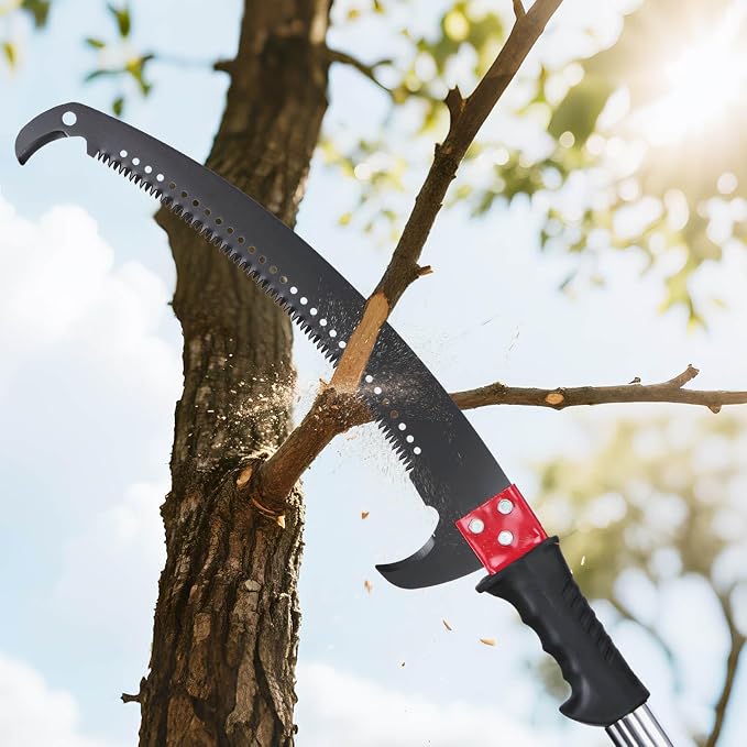 VEVOR Manual Pole Saw, 3.87-27 ft Extendable Pole Tree Pruner, Sharp 65Mn Steel Blade, Lightweight Fiberglass Handle Pole, Double-Hook Saw for High Branch Trimming, Pruning Tool for Palms, Shrubs