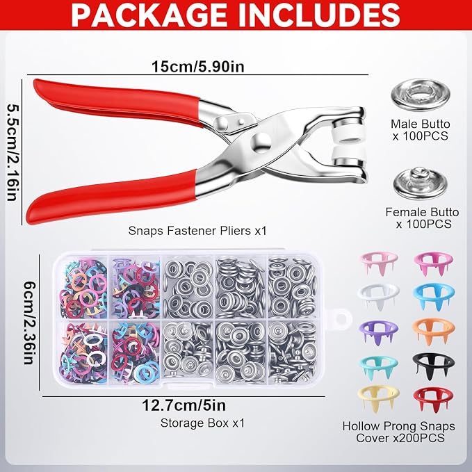 Snap Button Kit with 100pcs Press Pliers Fastener Tool,Colorful Five Claw Buckle Installation Plier Tool Set, Sewing Button Snaps for DIY Crafts, Clothing & Sewing Projects