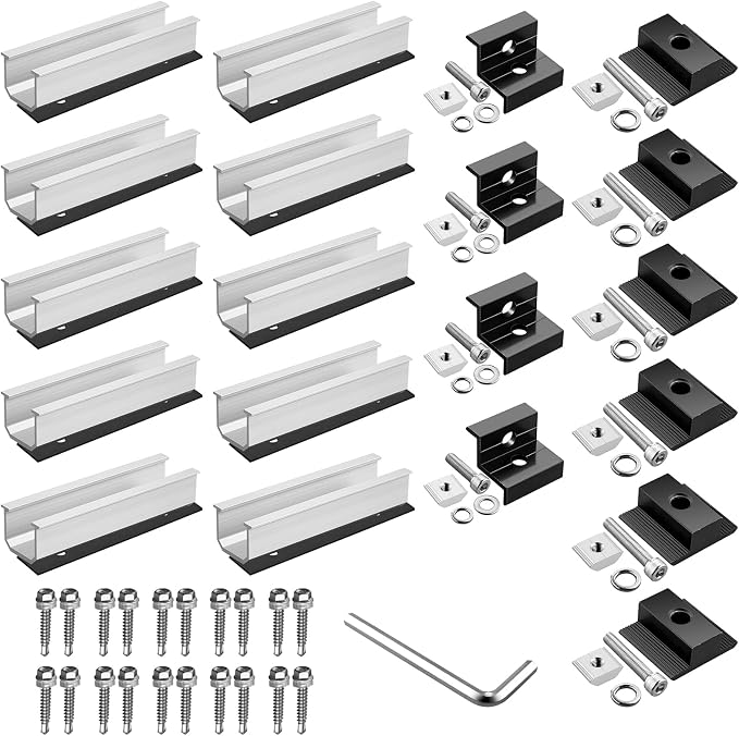 Anbte Solar Panel Mounting Kit for 4 Panels, 4.72 in Rails, Black & Silver | Included 10 x 4.72" Rails + 4 end Clamps + 6 Center Clamps + 1 Wrench, , Aluminum Solar Brackets for Roof, RV, Boat