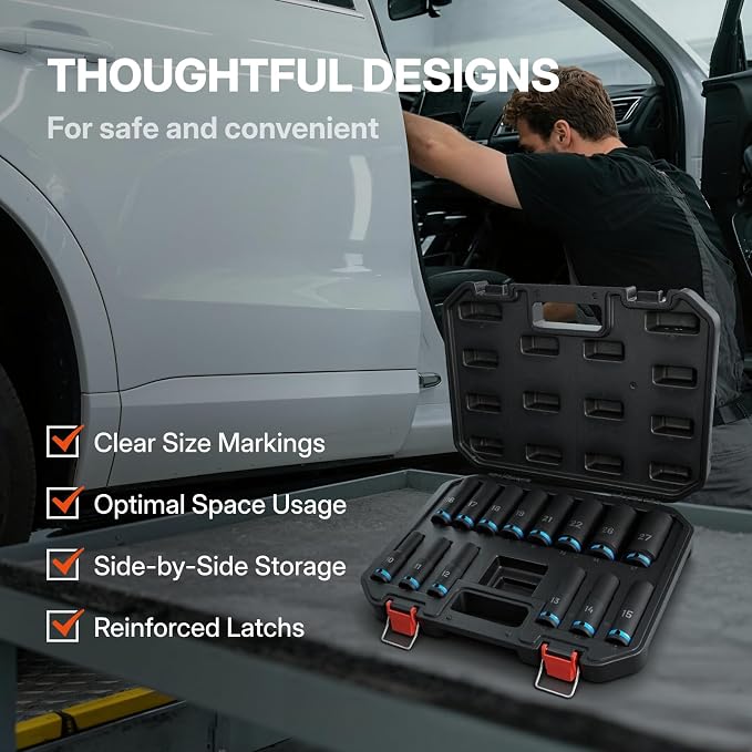 BLACK CANYON 14-Piece 1/2" Drive Deep Impact Socket Set, Metric 6-Point Sockets, Cr-Mo Impact Grade Steel, Heavy-Duty Storage Case for Automotive, Truck & Equipment Repair