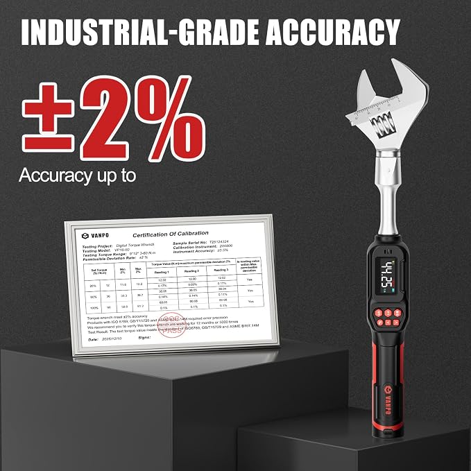 VANPO Adjustable HVAC Digital Torque Wrench, 2.2-44.3 Ft.lb/3-60Nm | 42mm Jaw & 1/2" Ratchet, 9×12mm Open End, ±2% Accuracy, Buzzer, Vibration, LED Indicator for Split AC, Motorcycle, Plumbing