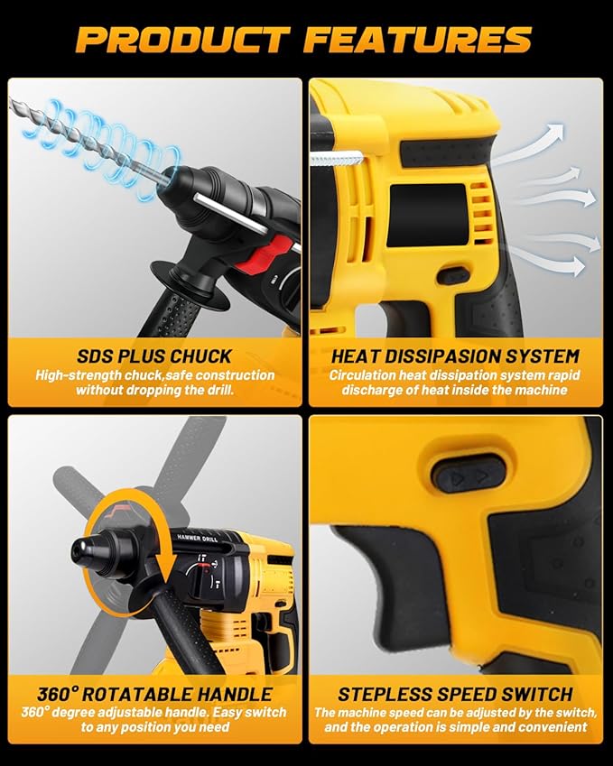 Cordless SDS Hammer Drill for Dewalt 20V MAX Battery, Brushless Rotary Hammer Drill with Safety Clutch for Concrete/Masonry (No Battery)