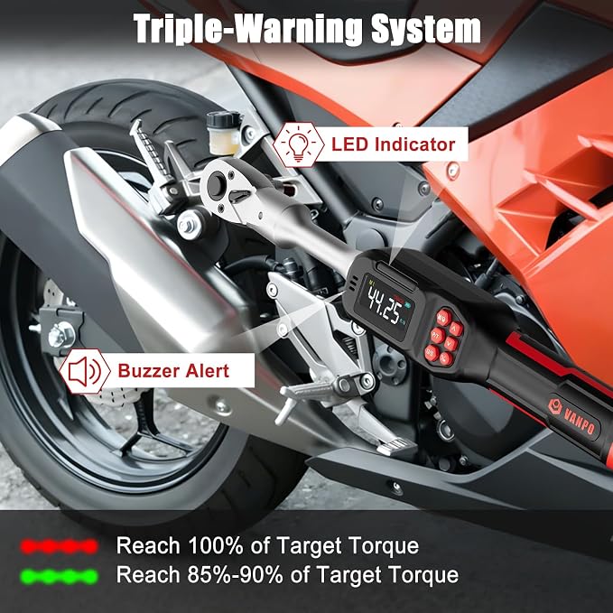 VANPO Adjustable HVAC Digital Torque Wrench, 2.2-44.3 Ft.lb/3-60Nm | 42mm Jaw & 1/2" Ratchet, 9×12mm Open End, ±2% Accuracy, Buzzer, Vibration, LED Indicator for Split AC, Motorcycle, Plumbing